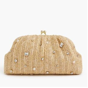 J.Crew Woven Straw Crystal Pearl Embellished Frame Clutch Crossbody Bag Tan